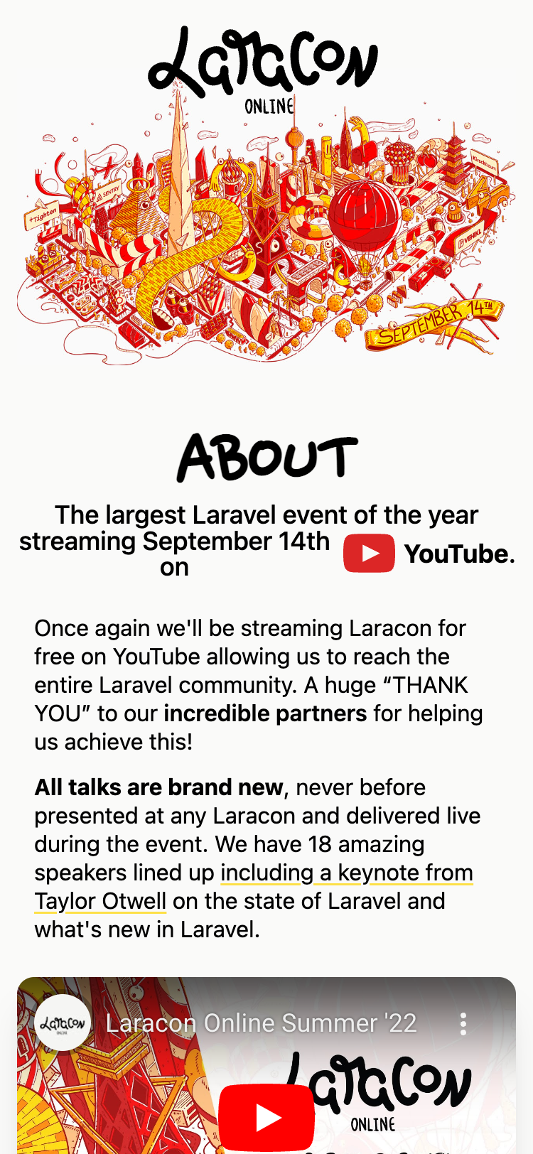 Mobile screenshot of the 'About' section of the Laracon Online website. At the top of the page is the Laracon Online logo and a detailed illustration of a fantastical make believe city. The section explains what Laracon Online is, followed by an embedded YouTube video.