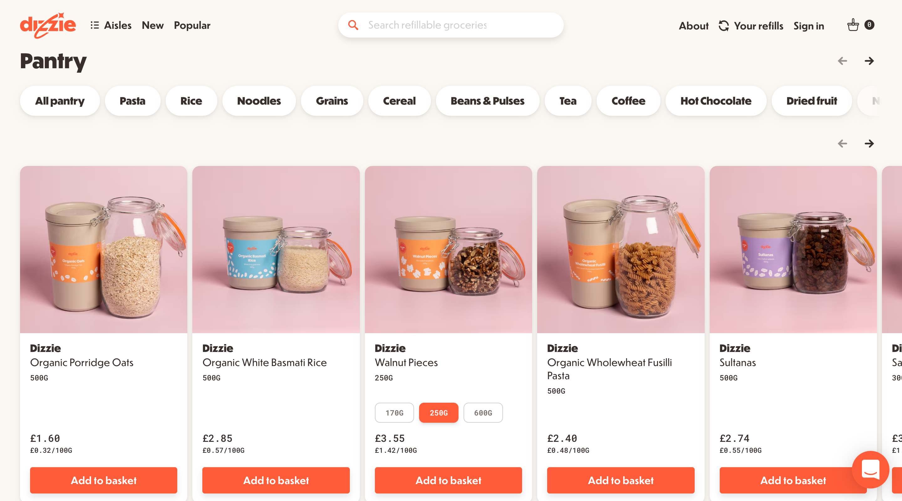 Screenshot showing a list of pantry products on the Dizzie website. The products are arranged left-to-right and each has a photograph, a weight, a price, and an 'Add to basket' button. Above the products is a list of categories to filter by, such as 'Noodles' and 'Coffee'.