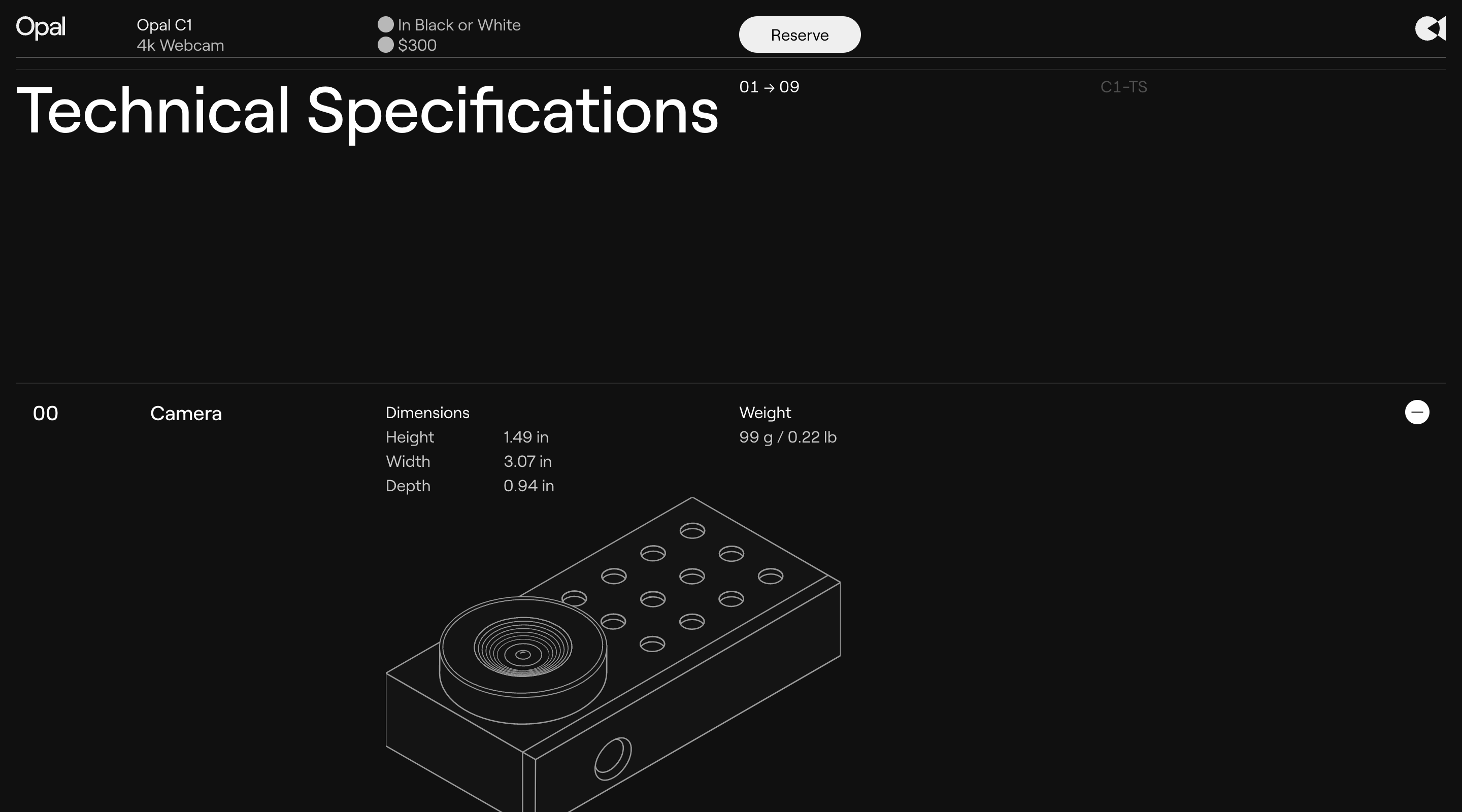 Screenshot of the 'Technical Specifications' section of the Opal website. The header contains the Opal logo, brief product information, and a 'Reserve' button. Underneath is the page title in large lettering, followed by a 3D outline of the Opal camera and its dimensions and weight specifications.